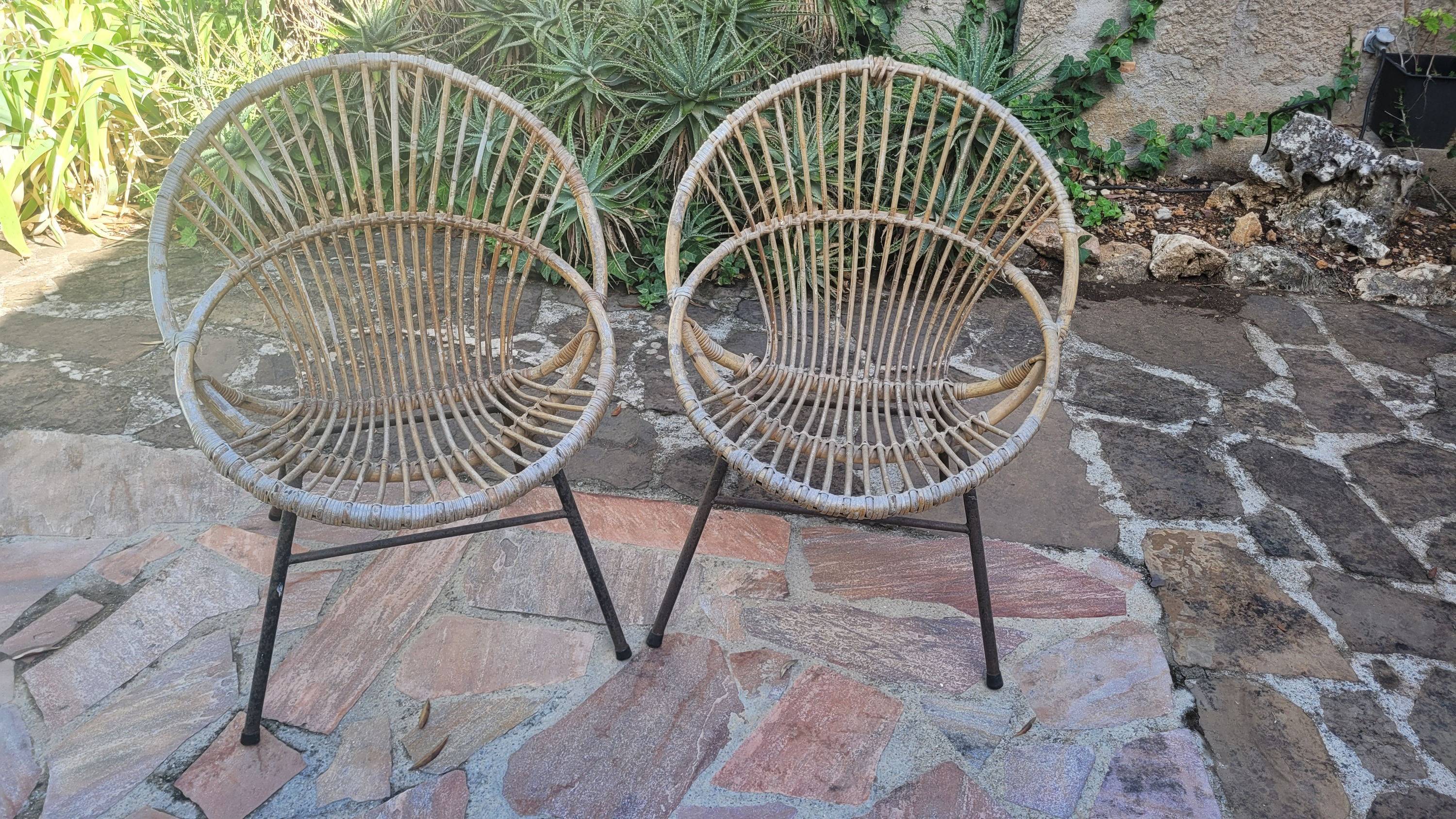 Vends lot de 2 fauteuils bambou et rotin pur vintage années 70