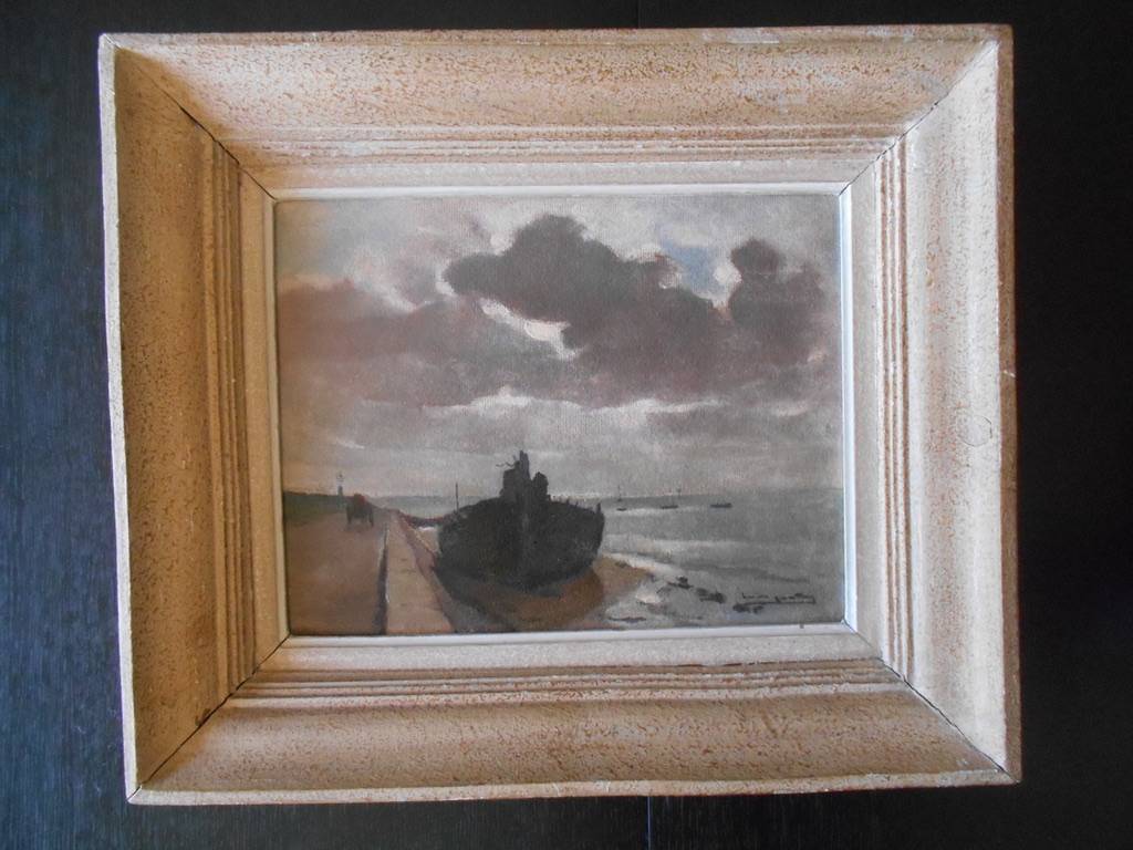 Vends tableau représentant le Gois à Noirmoutier en 1947 signé Emile Gautier (1920-2013), situé et daté au dos