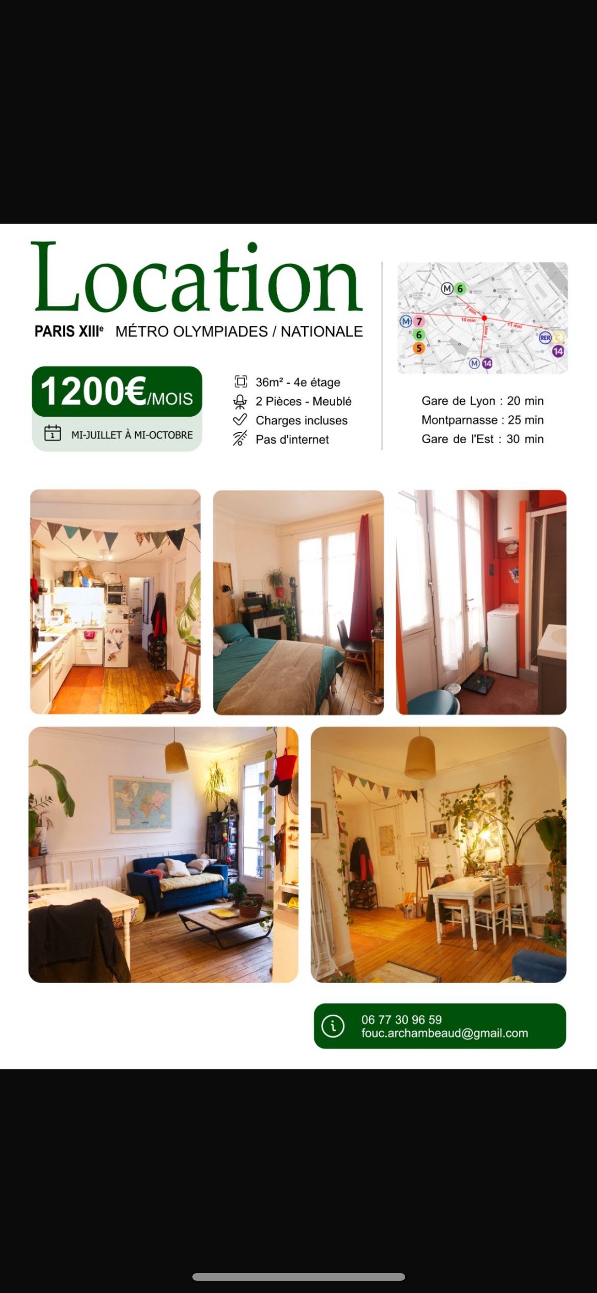 Sous-loue appartement - 36m² - Paris 13ème Olympiades Nationales