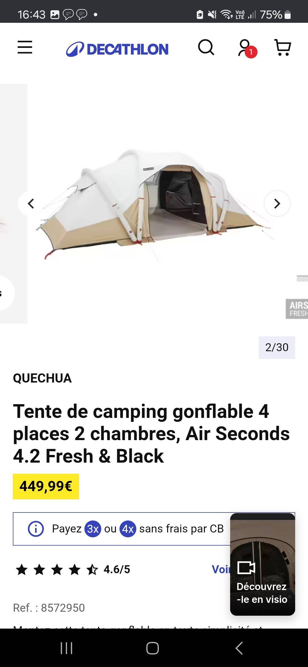 Vends tente familiale 4 personnes, 2 chambres, état neuf, Decathlon