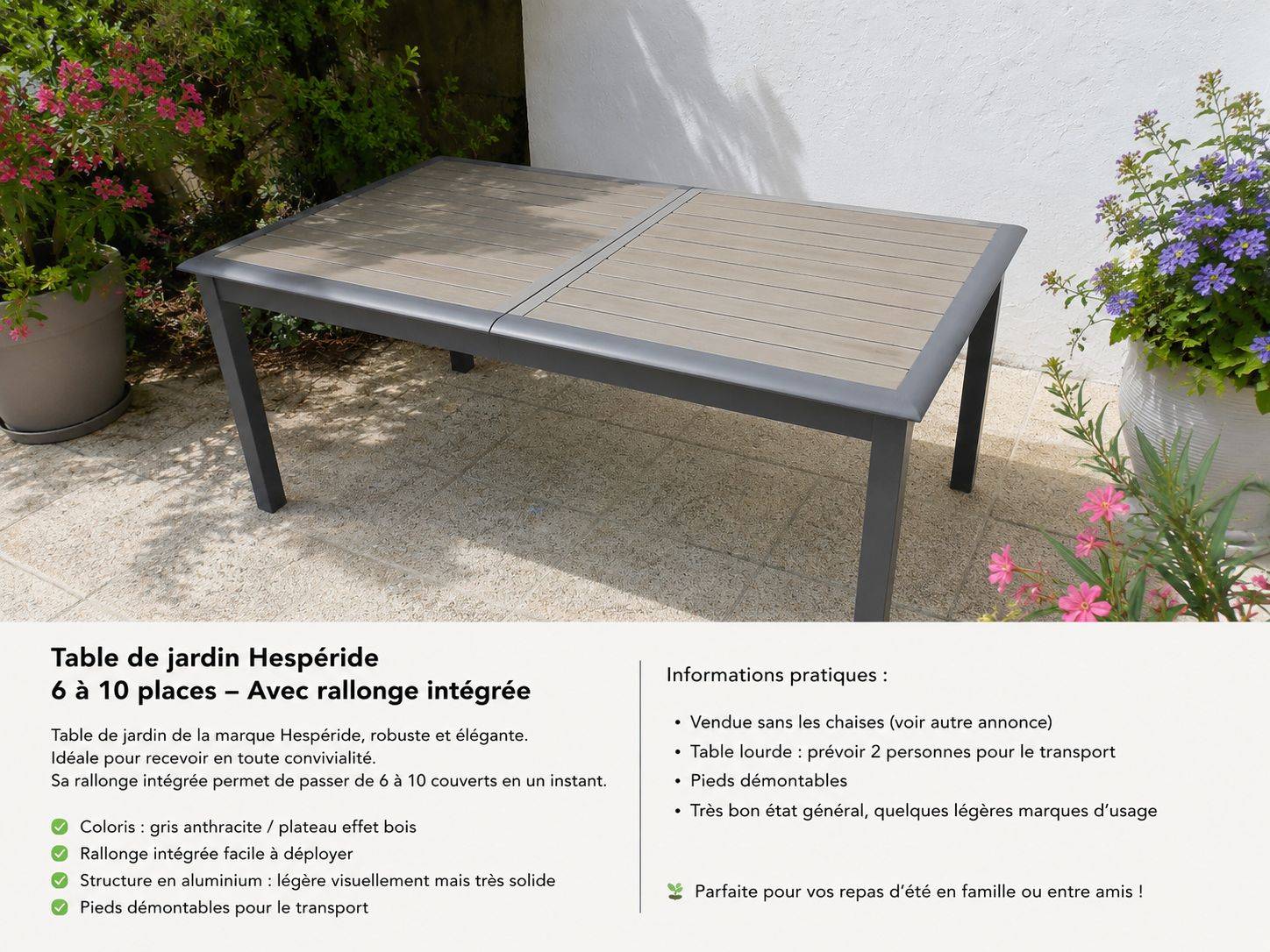 Vends table de jardin Hespérides extensible 6 à 10 places