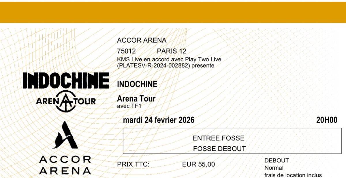 Vends 2 billets pour le concert d’Indochine à l’Accor Arena Paris le 24 ...