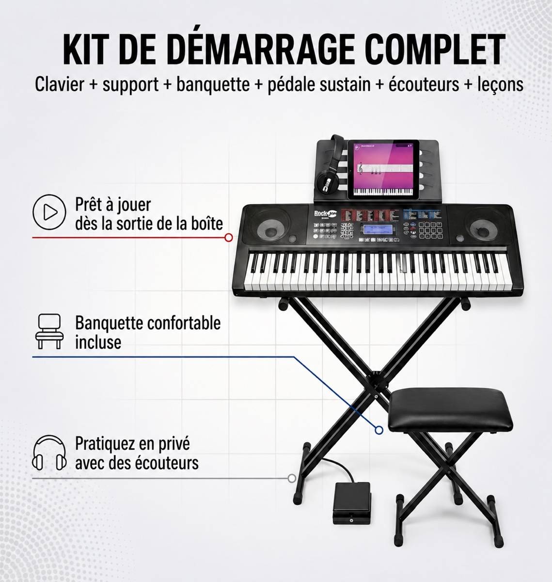 Vends piano Rockjam RJ761 avec cours de piano intégré et connectivité MIDI, compatible Ableton et Logic.