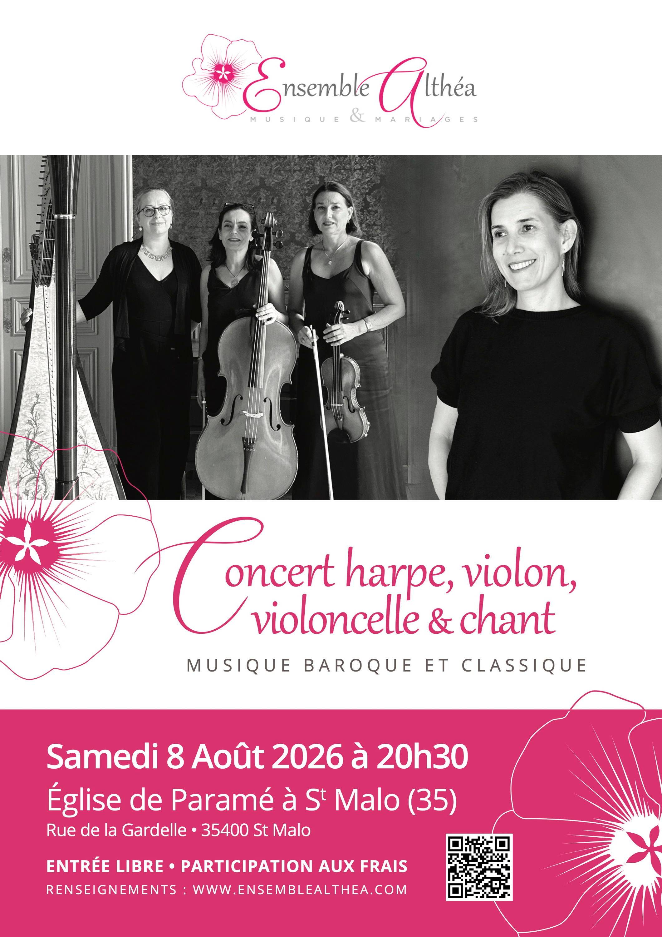 Propose concert de harpe, violon, violoncelle et chanteuse le 8 août