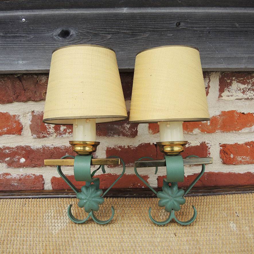 2 Anciennes Appliques en Laiton & Fer Forgé Peint