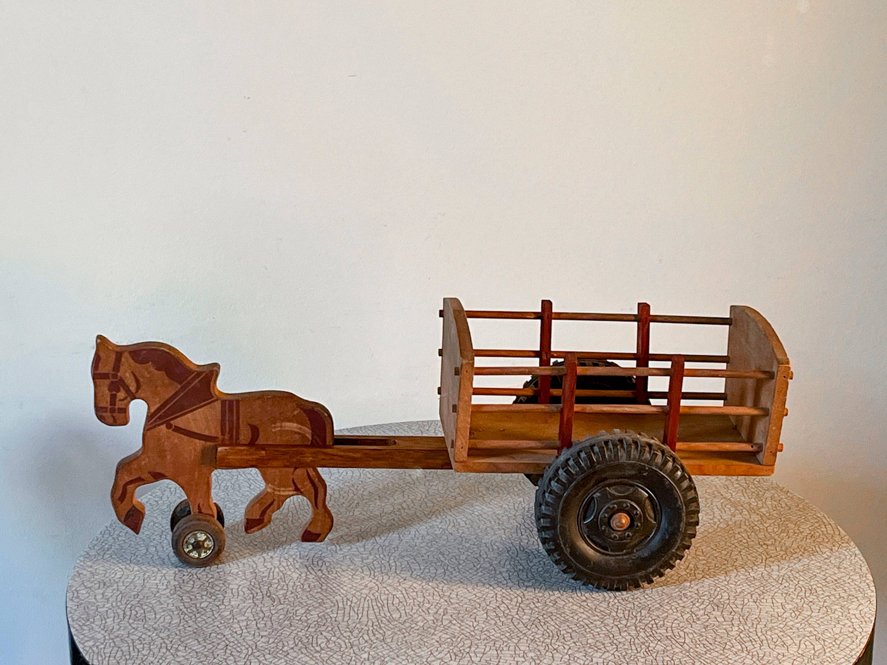 Jouet Ancien En Bois Cheval De Trait Et Charrette – Récupération Amateur, Occasion
