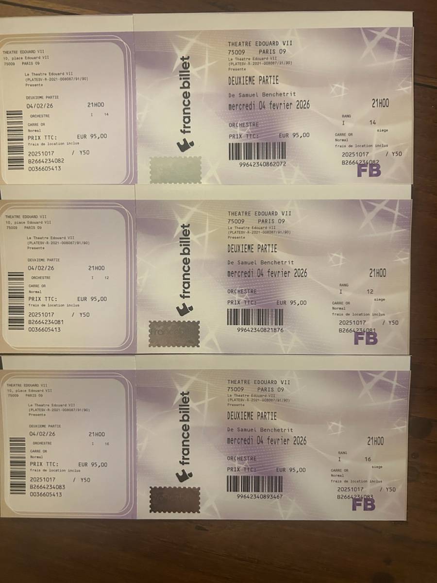 Vends 3 places de théâtre « Deuxième Partie » pour le mercredi 5 février