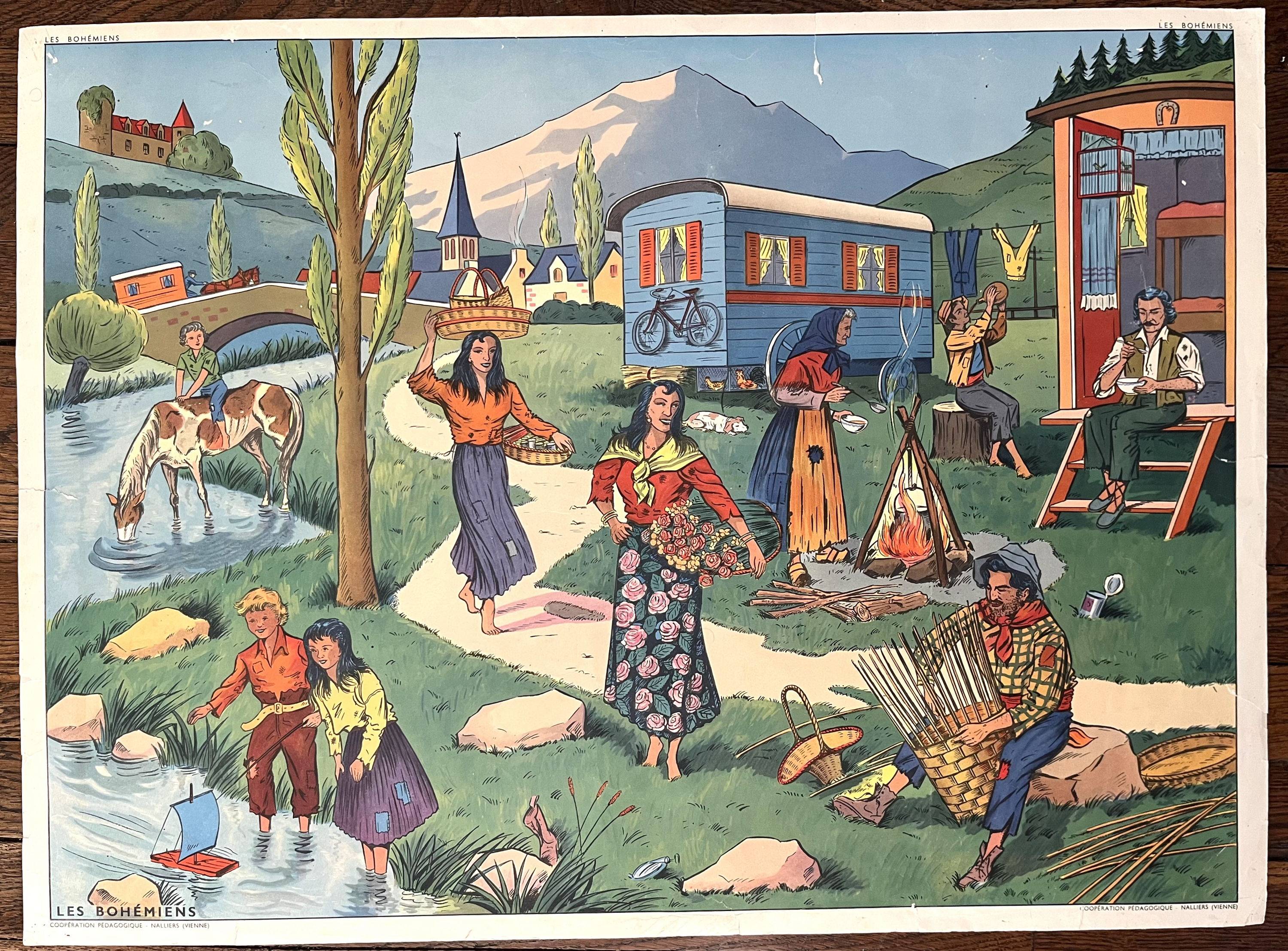 💃🏻 Ancienne affiche scolaire Rossignol, 1950 - Bohémiens, Vacances mer plage