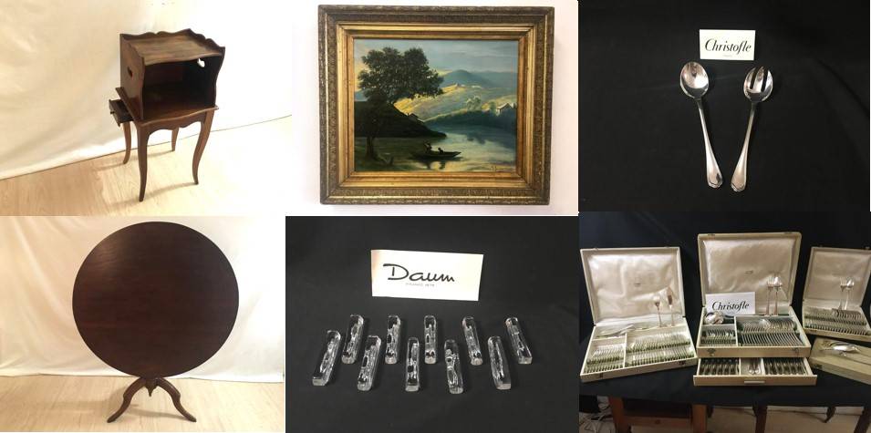 Vends chevet, table vigneronne, huile XIXème, porte-couteaux Daum, couverts et ménagère Christofle