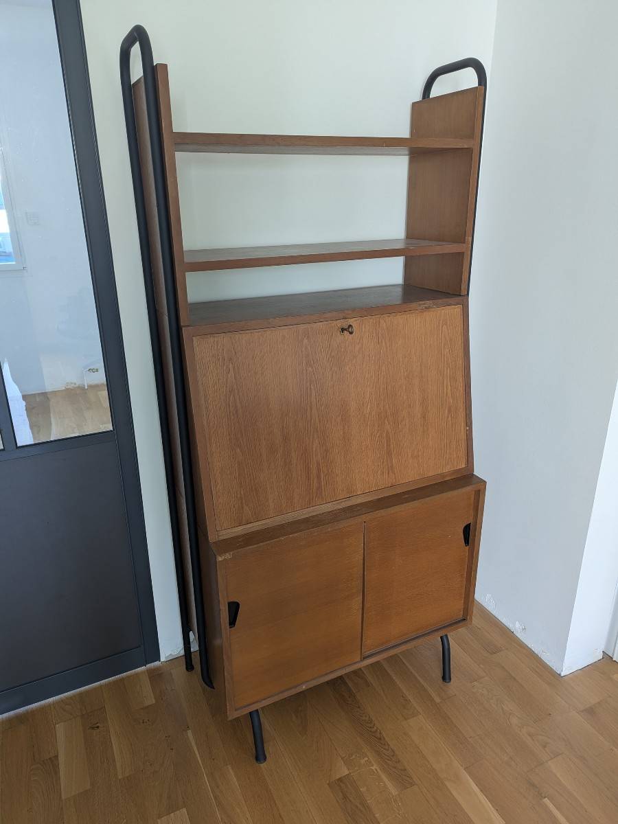 Rare secrétaire moderniste de Robert Charroy pour Mobilor vers 1950 en chêne avec structure tubulaire noire