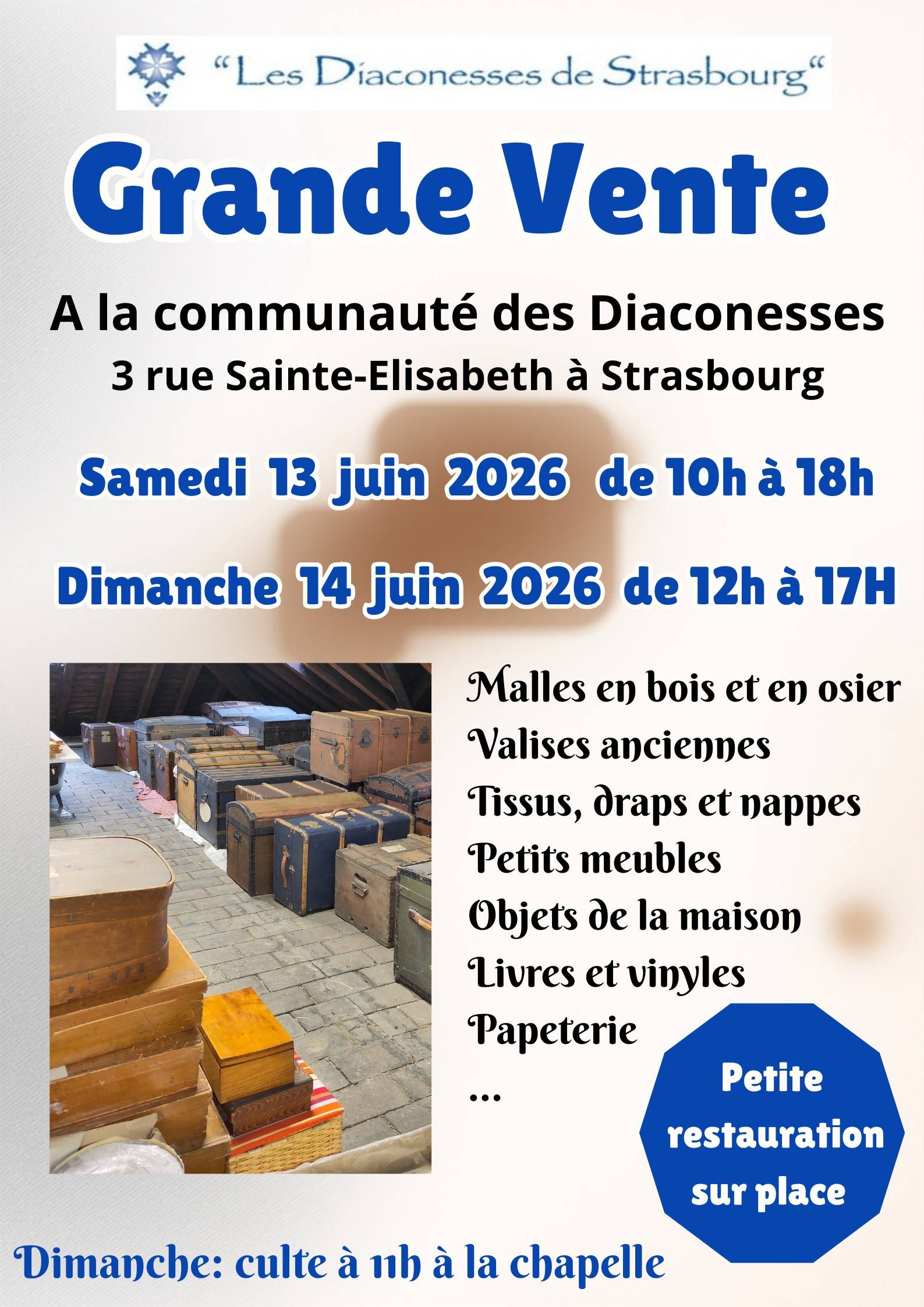 Propose grande vente de malles et valises anciennes, tissus, draps, nappes, objets de la maison, livres et papeterie du 6 au 13 juin