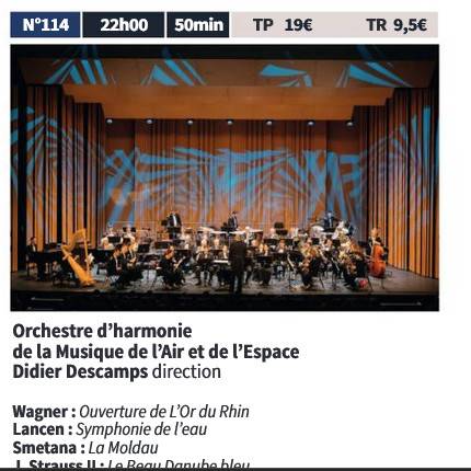 Vends 2 places pour la Folle Journée le 30 janvier à 22h - Orchestre Harmonie de la Musique de l’Air - Wagner, Lancen, Smetana, Strauss