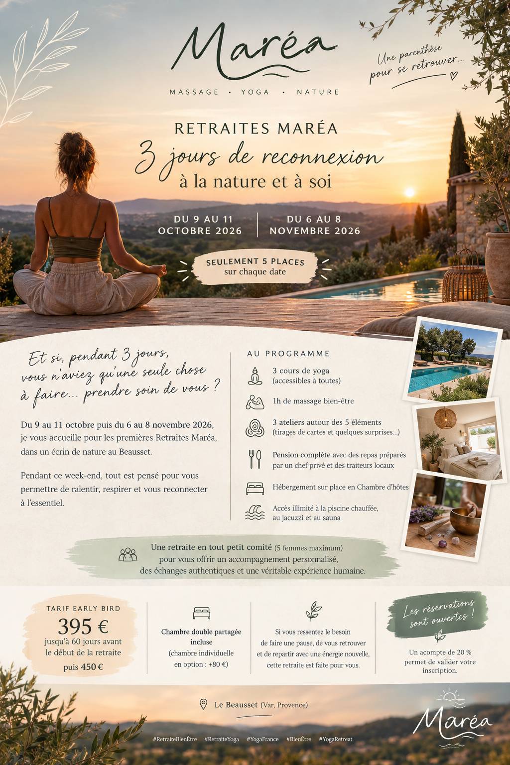 Propose journées bien-être, soirées cocooning et retraites yoga à Maréa le 6 novembre