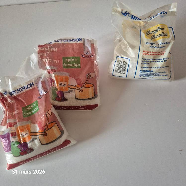 Vends paraffine vierge neuve pour confiture lot de 2 x 400 g + 1 paquet ouvert