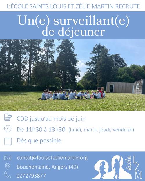 Recrute surveillant H/F temps de déjeuner - École à Bouchemaine (12h - 13h30 4j/semaine)