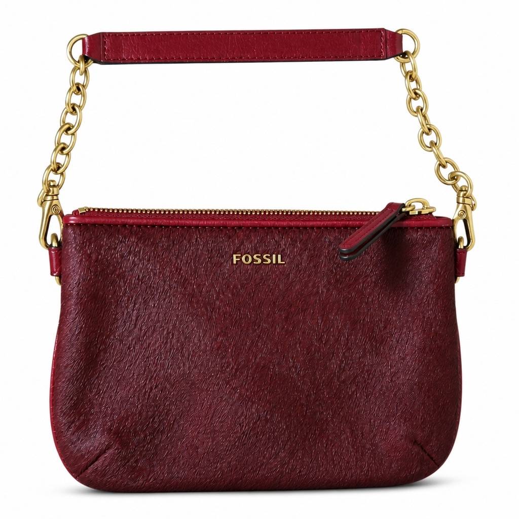 Vends sac pochette Fossil bordeaux en cuir façon poulain – comme neuf