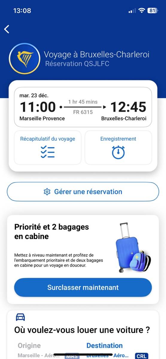 Propose revente de billet de Marseille Provence à Bruxelles Charleroi le 23 décembre