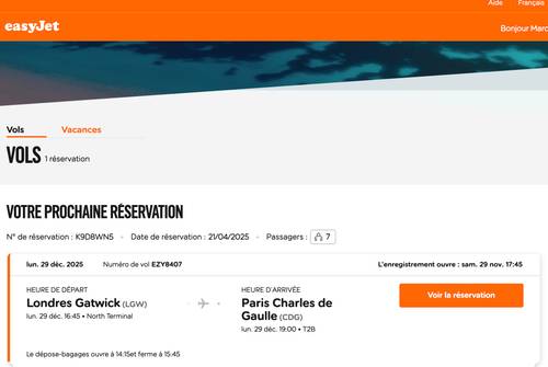 Propose billet d’avion Easyjet Londres → Paris le 29 décembre pour 7 personnes