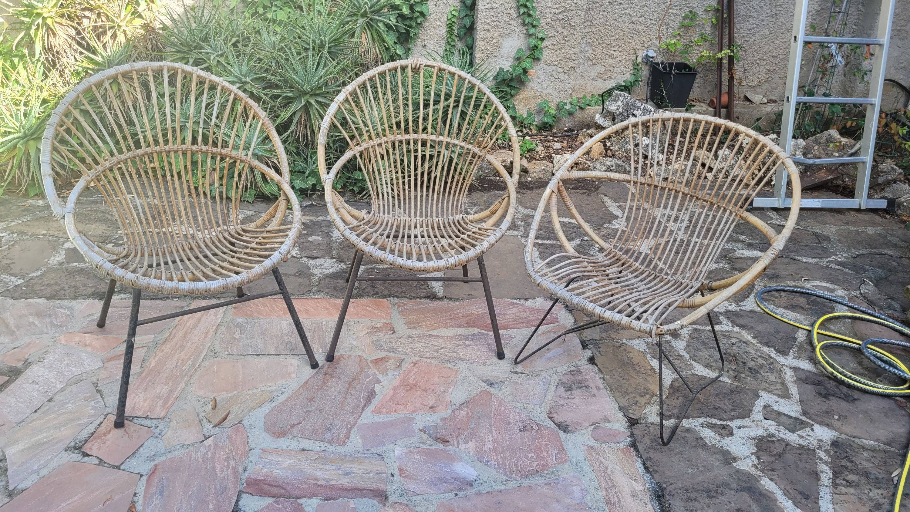 Vends lot de 3 fauteuils bambou et rotin vintage années 70