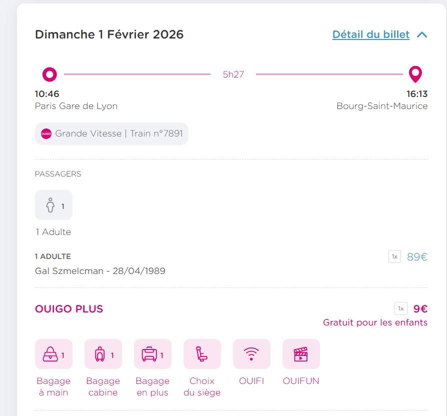 Propose billet de train Paris → Bourg-Saint-Maurice le 1er février 2026 à 10h46