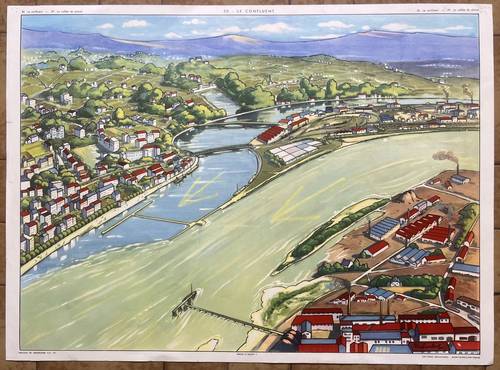 Vends ancienne affiche scolaire Rossignol, 1950 - 29 Fleuve, 30 Confluent