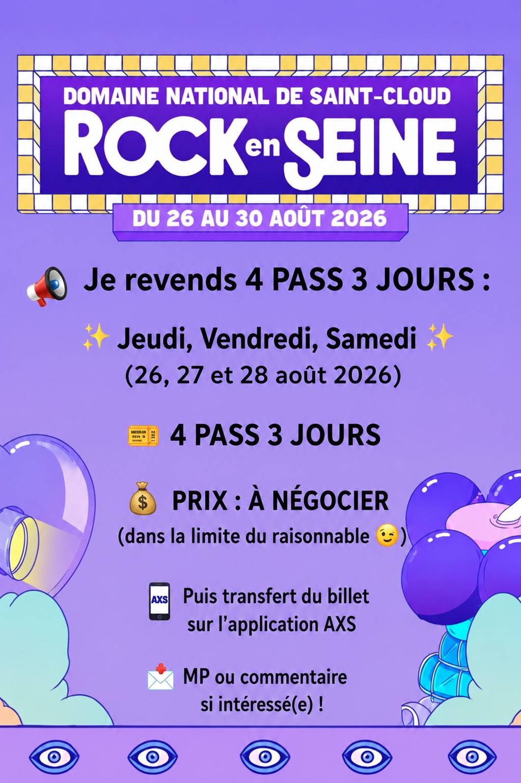 Vends 4 pass 3 jours Rock en Seine du 27 août au 8 septembre