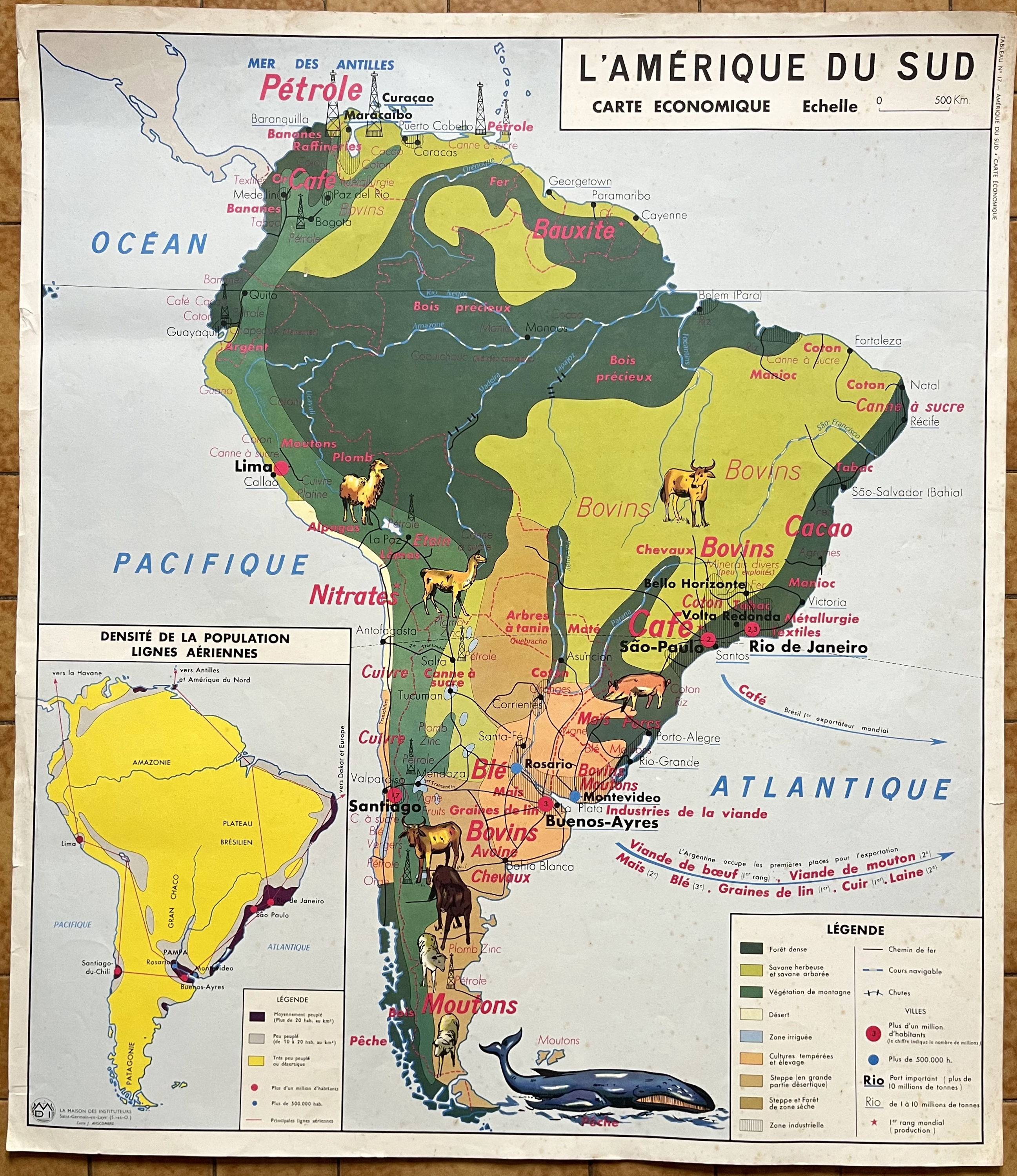 Vends ancienne carte scolaire MDI, 1960 - 17, 18 Afrique politique, Amérique du Sud