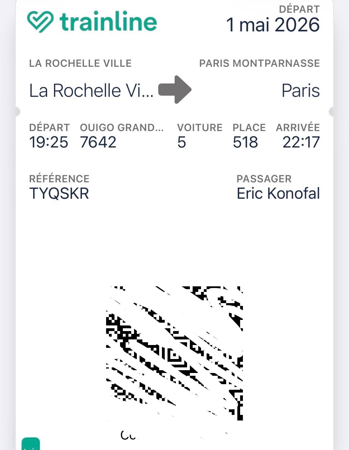 Bonjour, Je vends mon billet OUIGO Grande Vitesse pour le trajet La Rochelle Ville → Paris Montparnasse le jeu