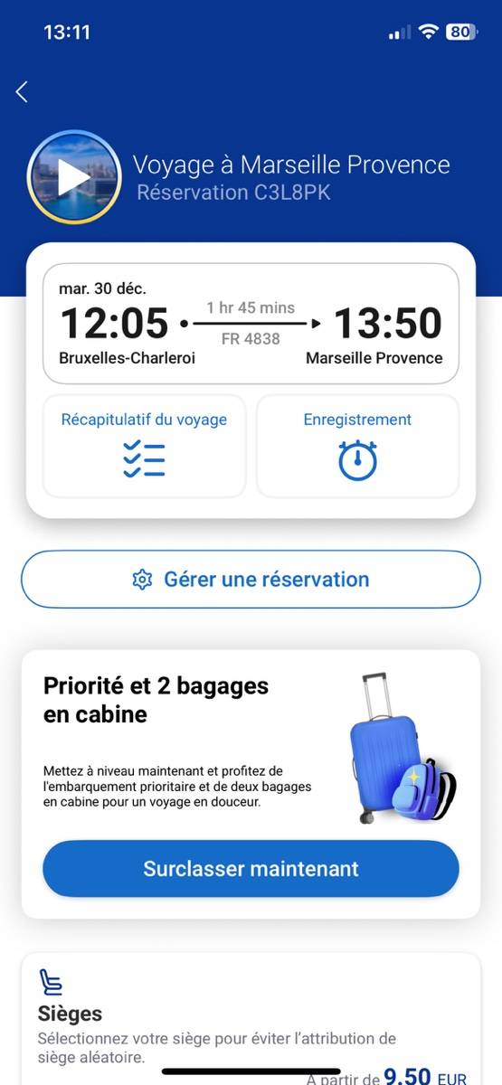 Propose revente de billet de Bruxelles Charleroi à Marseille Provence le 30 décembre