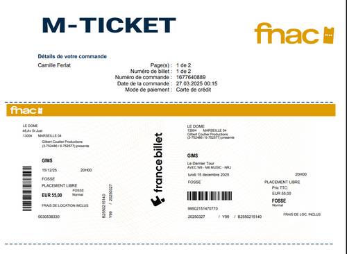 Vends deux places pour le concert de Gims le 15 décembre