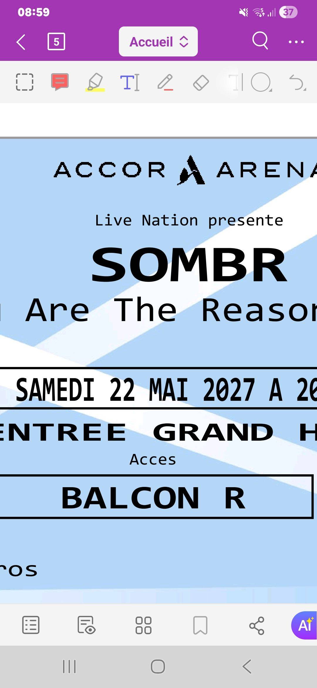 Vends 2 places pour le concert de Sombr le 22 mai