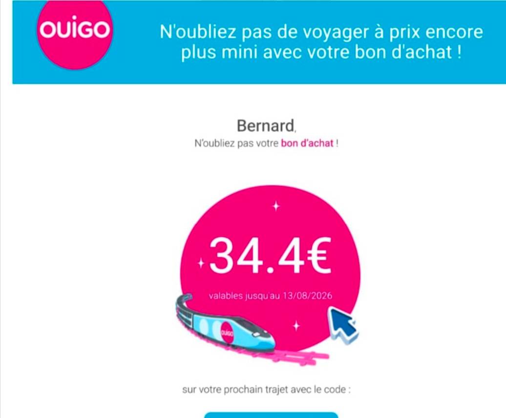 Propose bon d’achat OUIGO valable jusqu’au 13 août 2026