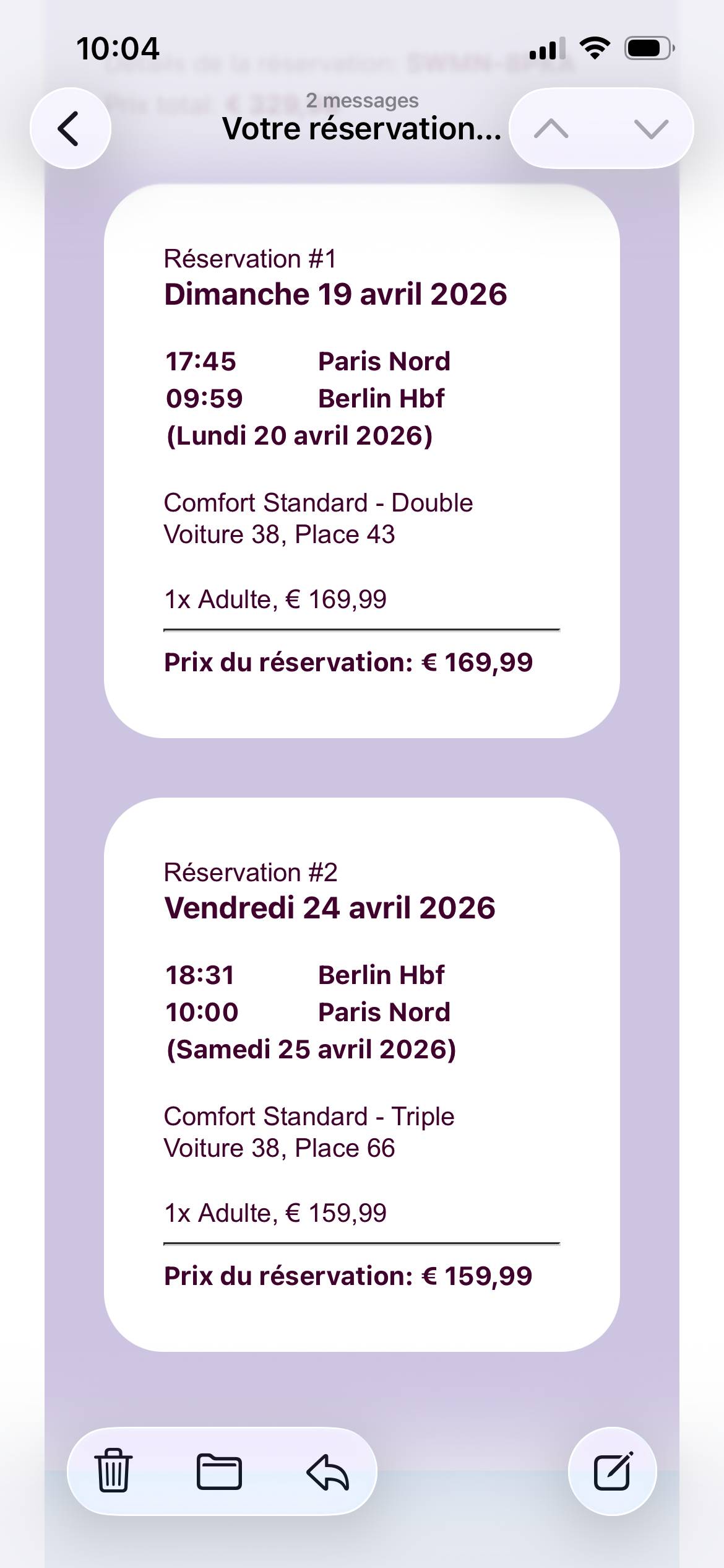 Propose vente de billets de train de nuit pour Berlin du 19 au 24 avril