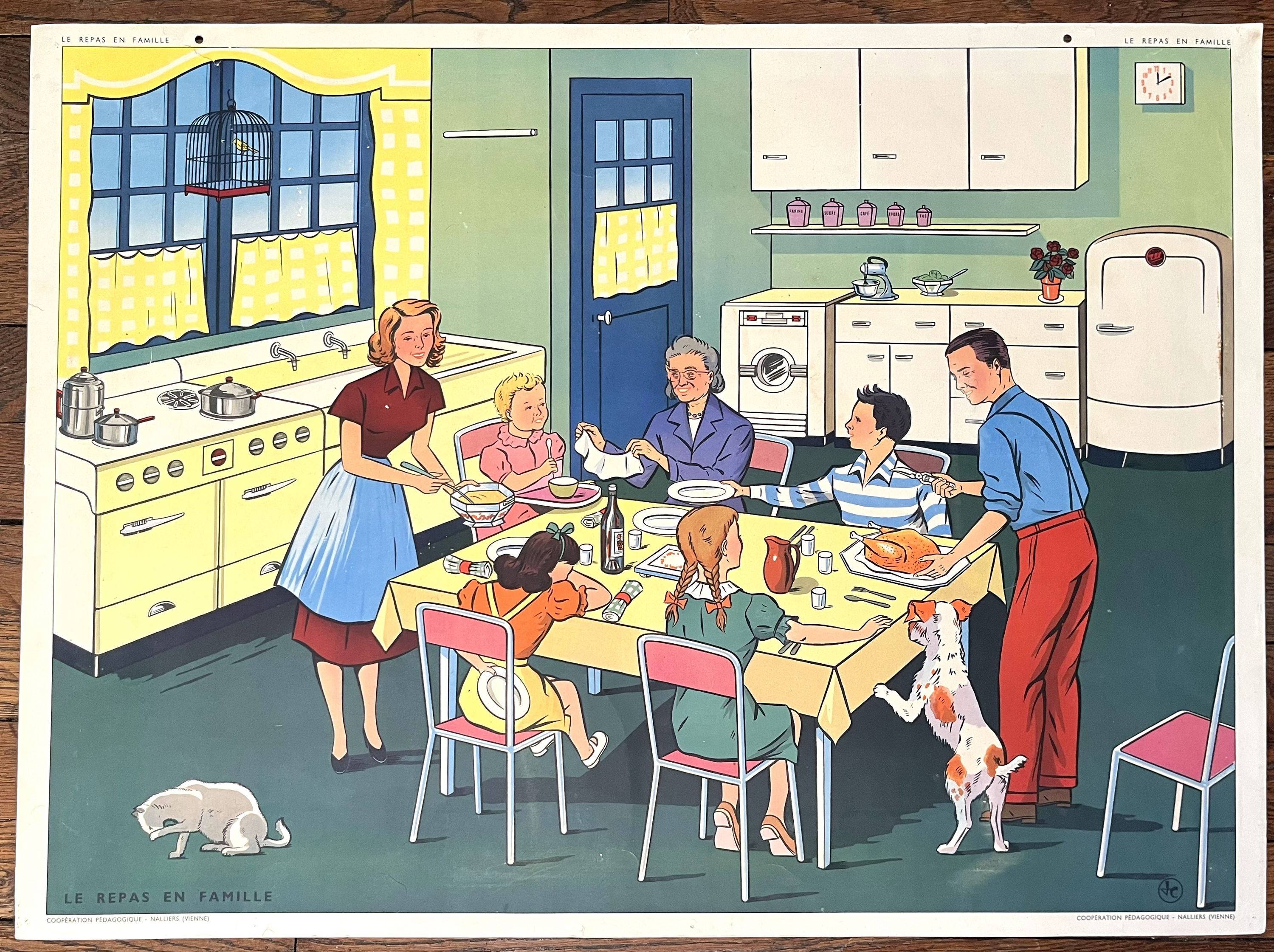 👨🏻‍⚕️ Ancienne affiche scolaire Rossignol, 1950 - Médecin / Repas, cuisine