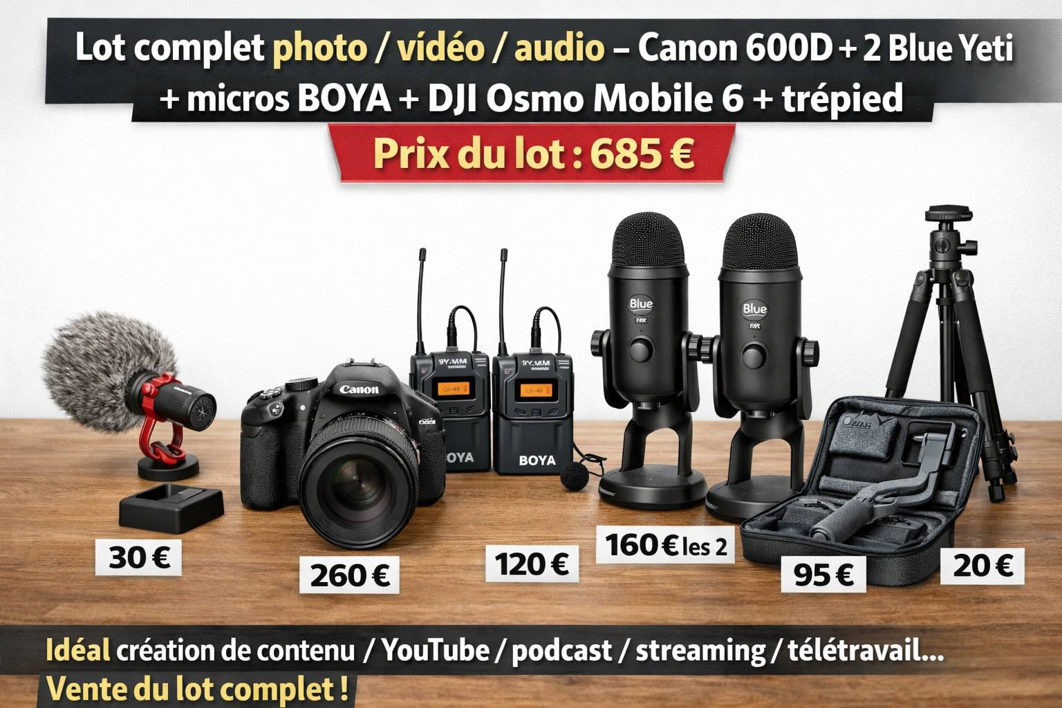 Vends lot complet photo/vidéo/audio - Canon 600D + 2 Blue Yeti + micros BOYA + DJI Osmo Mobile 6 + trépied