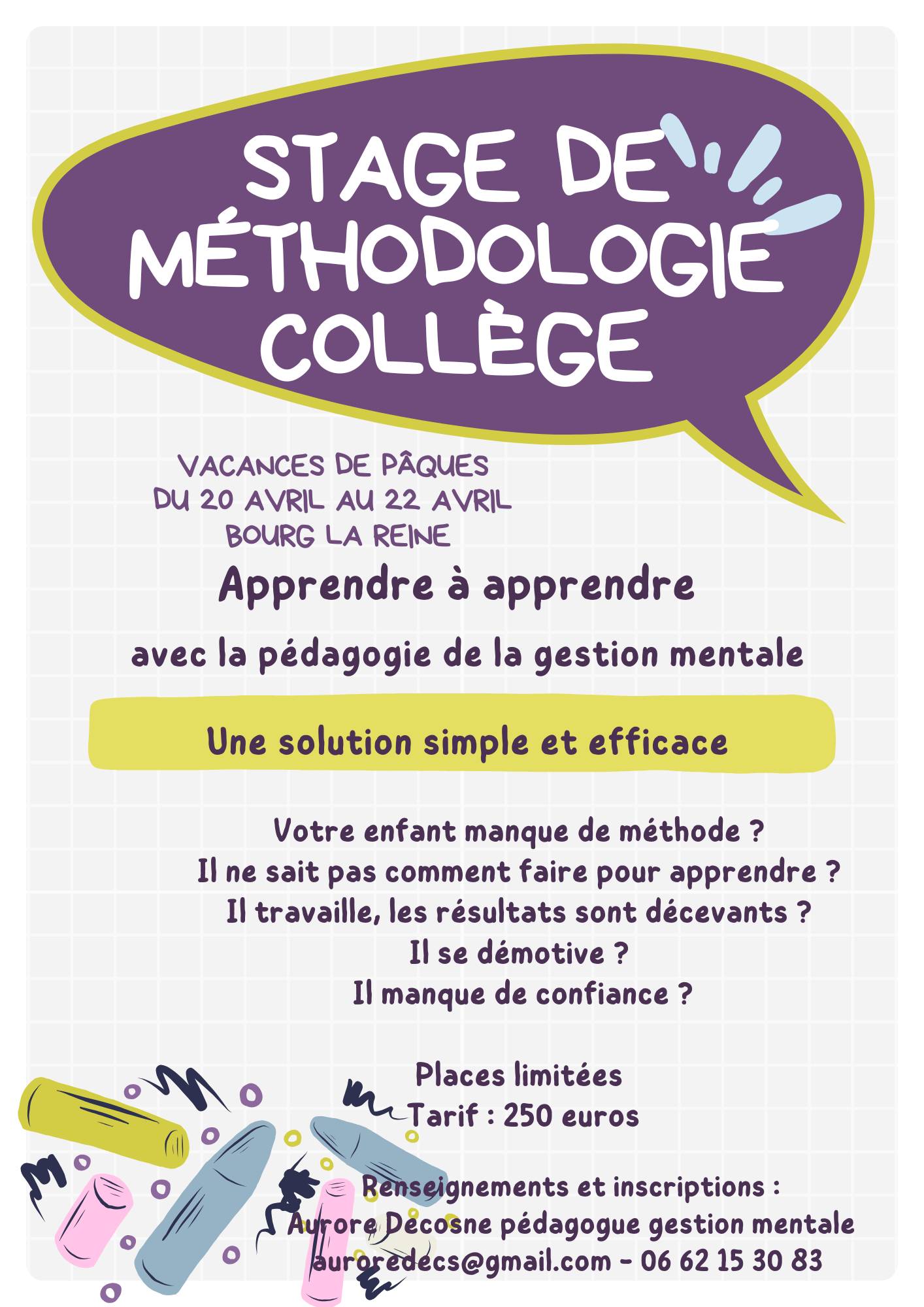 Propose Stage de méthodologie collège vacances de Pâques