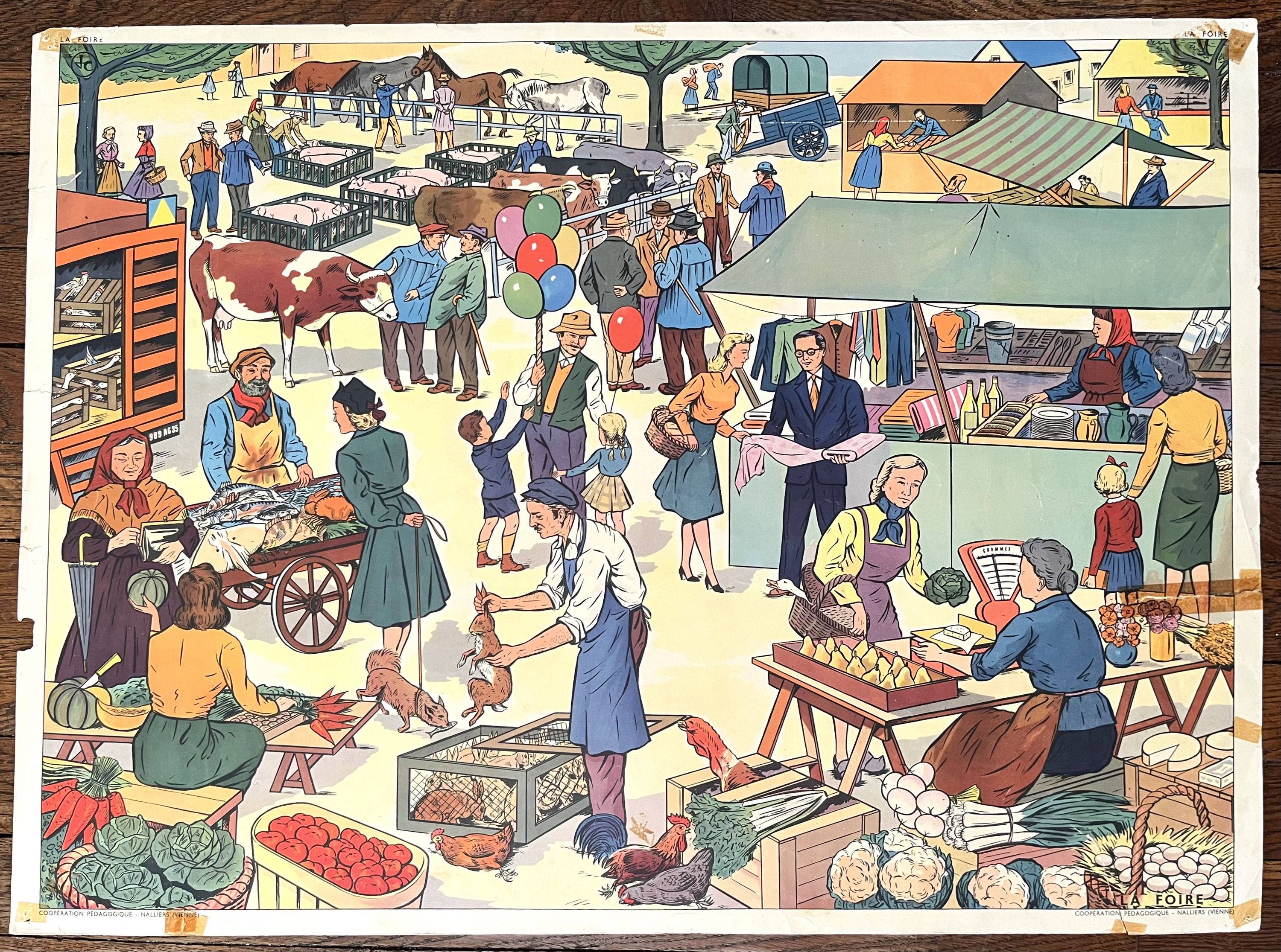 🐕 Ancienne affiche scolaire Rossignol, 1950 - La chasse, la foire