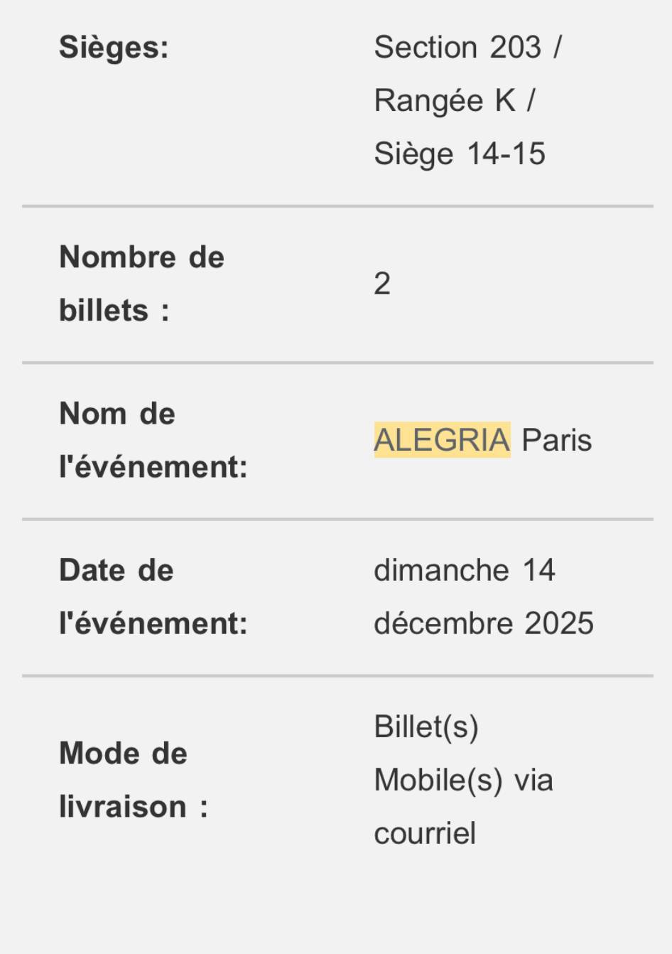 Vends 2 places pour Allegria le 14 décembre
