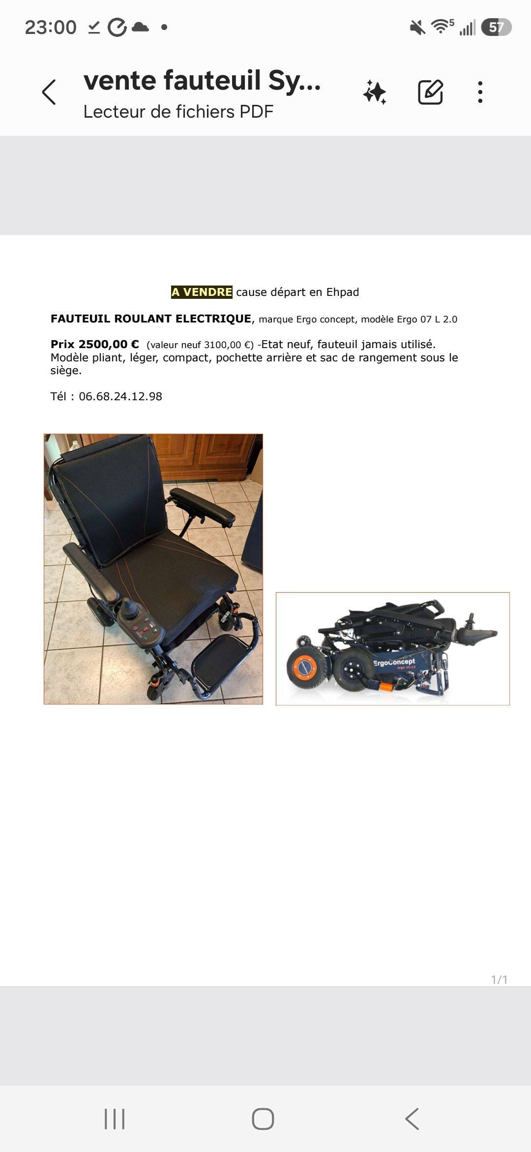 Vends chaise roulante électrique neuve