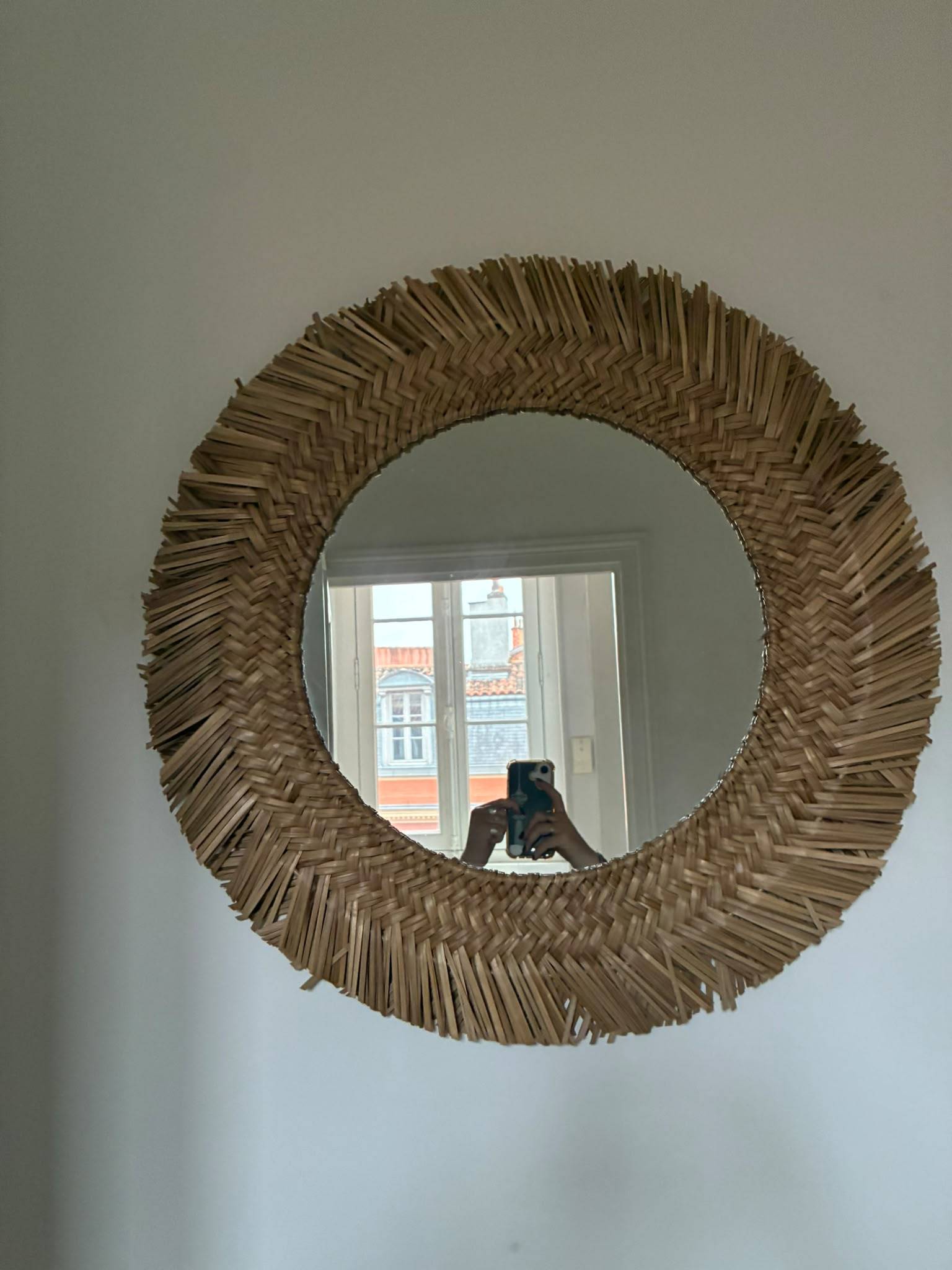 Vends miroir rond mural - cadre tressé fibre naturelle (bohme)