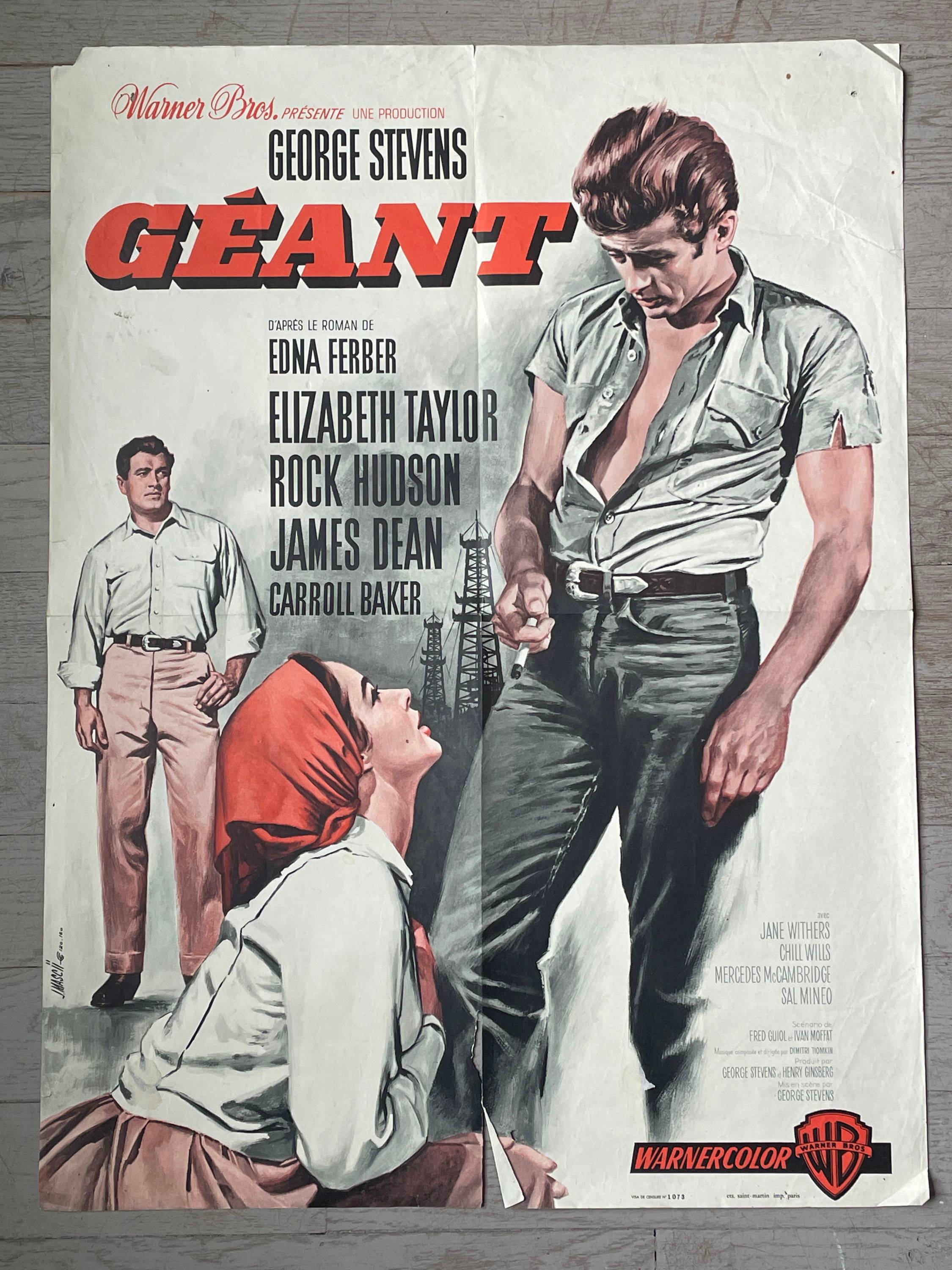 Vends belle affiche authentique du film géant J. Dean - E. Taylor - R. Hudson