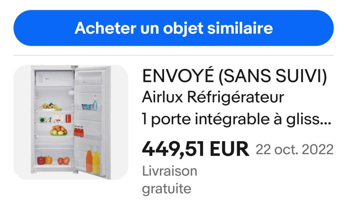 Vends un réfrigérateur Airlux blanc, quasiment neuf, avec congélateur. Acheté 449 euros, vendu 299€