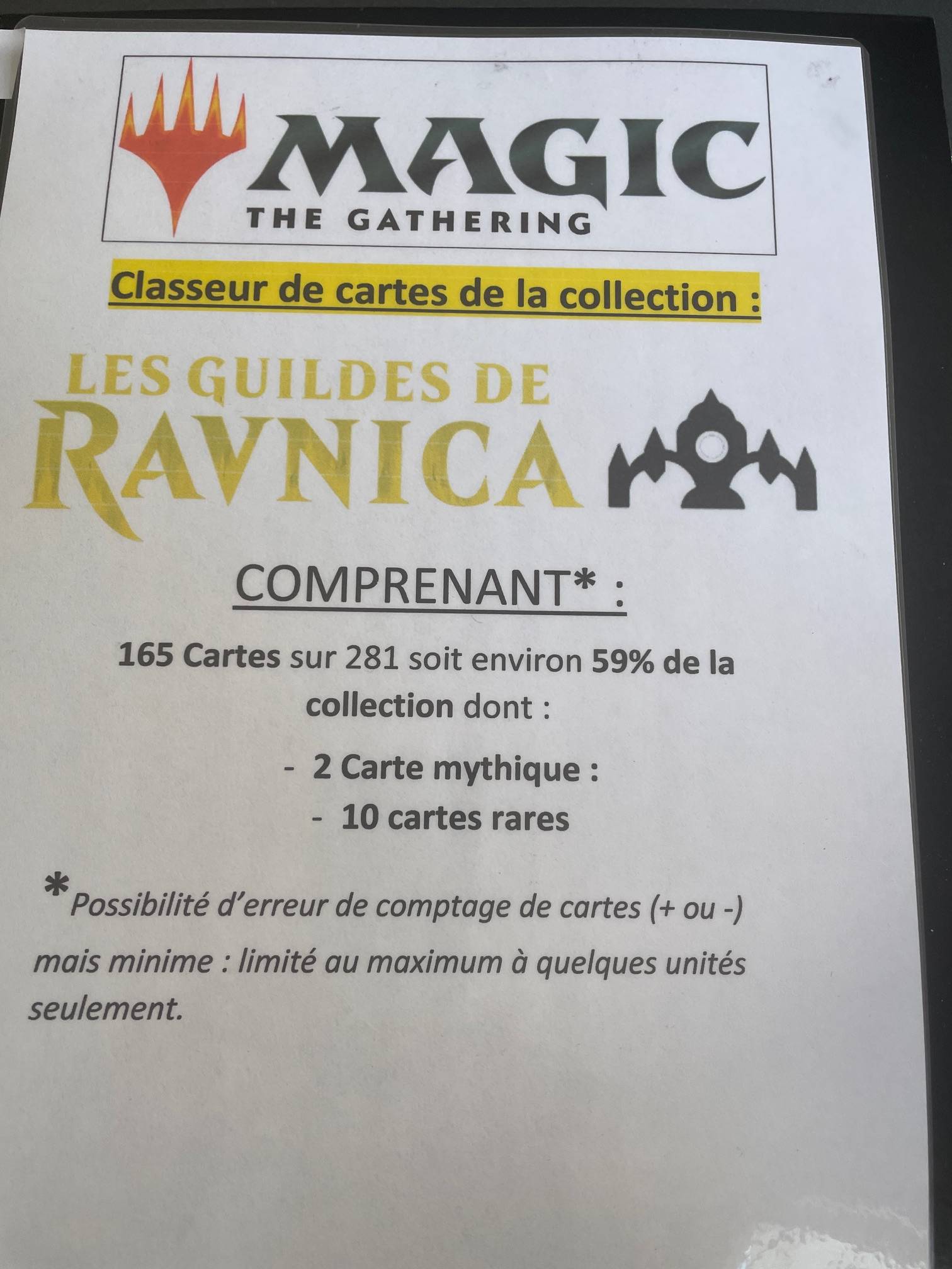 Collection de 165 cartes MAGIC The Gathering Les guildes de Ravnica(MTG) complète à 59% car 165 cartes