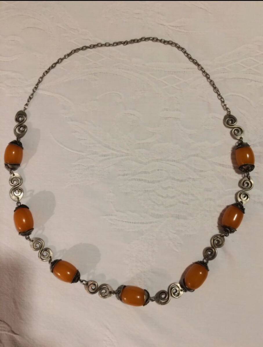 Collier vintage métal et perles verre orange
