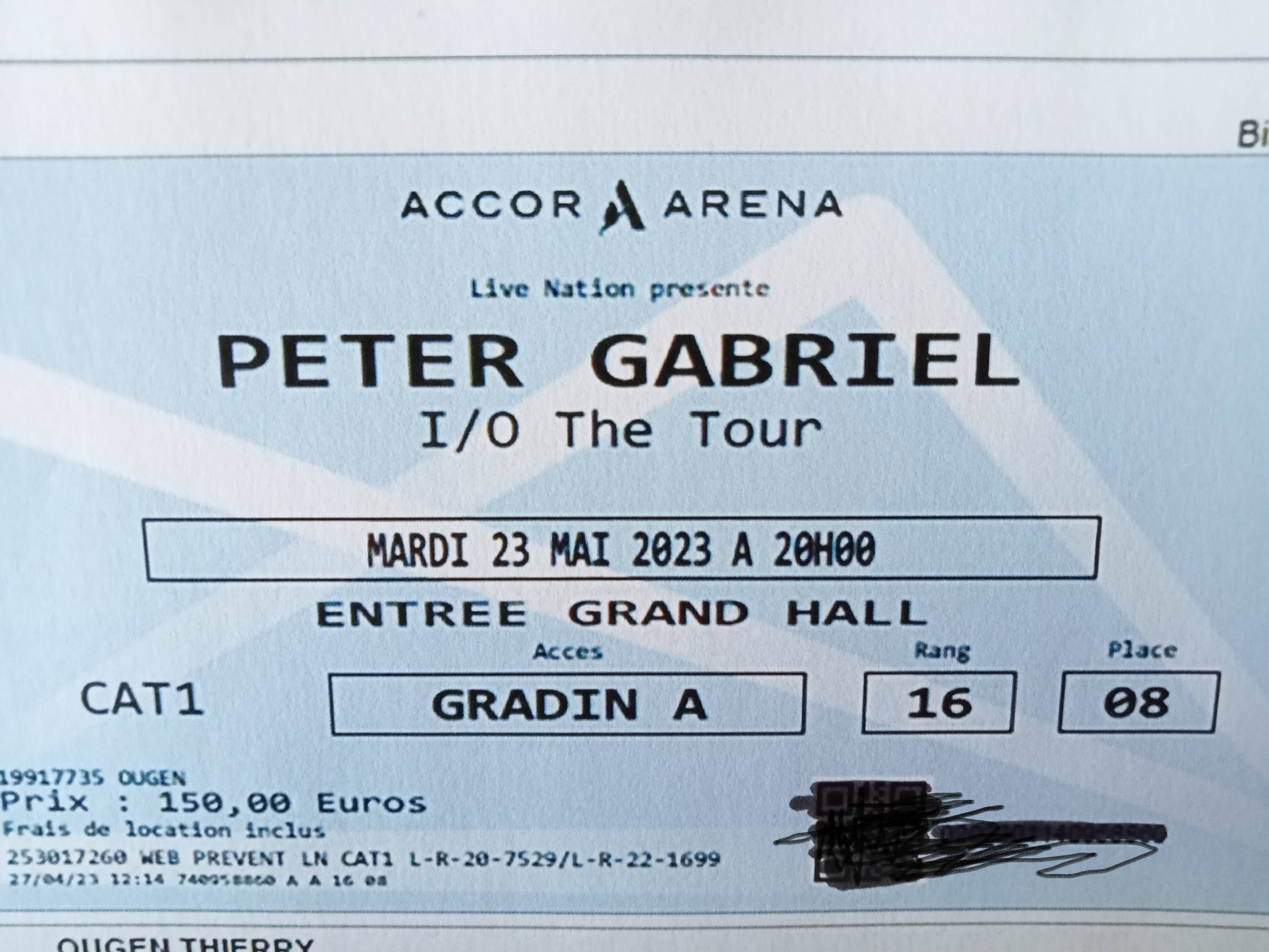 Place de Concert Peter Gabriel Accor Arena Paris le 23 mai sur Gens de Confiance