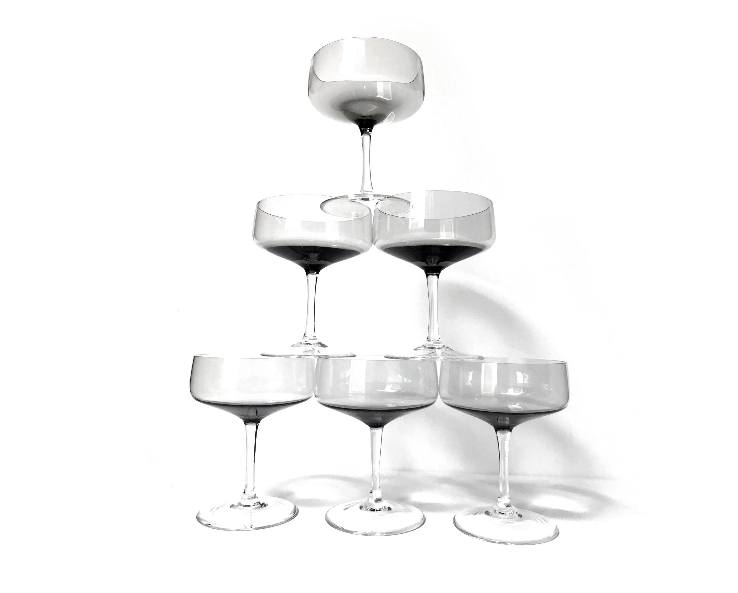 Ensemble 6 Coupes à Champagne Vintage • Cristal Fumé • Peill & Putzer • 1970