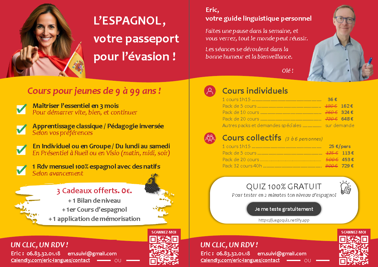 Propose cours d’espagnol sur Rueil ou en visio. Apprenez l’essentiel et allez vite. Cours de 1h15. Différents packs