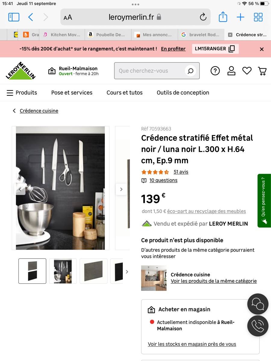 Crédence réversible noire et métal pour cuisine 300x64