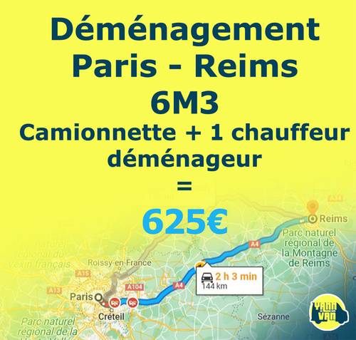 Déménageur avec camionnette propose aide déménagement Paris - Reims 7j/7