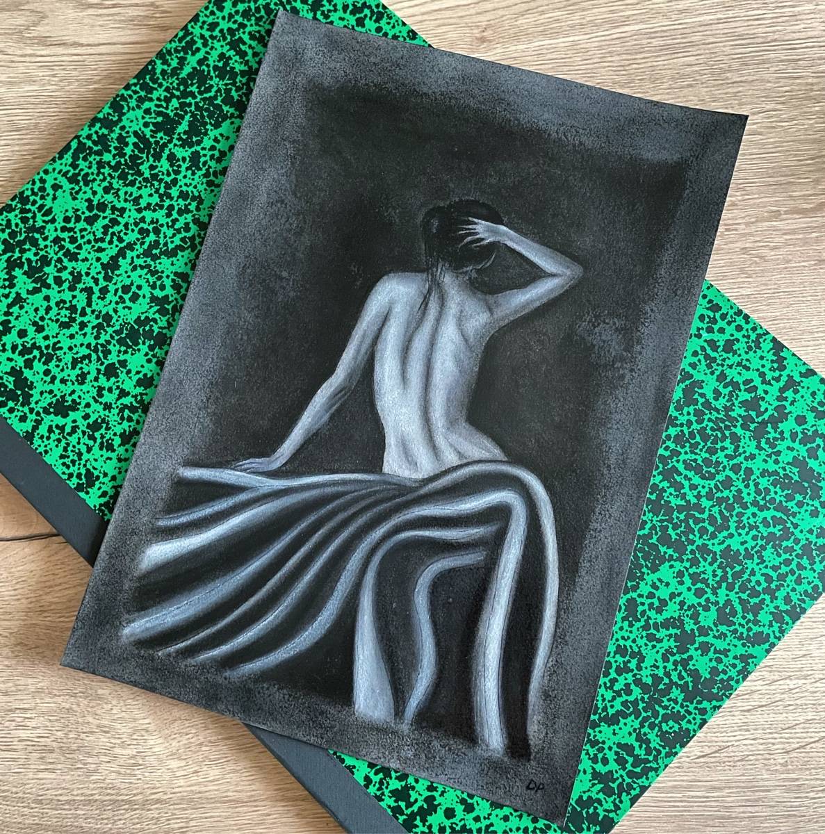 Dessin pastel et fusain femme nue de dos A3